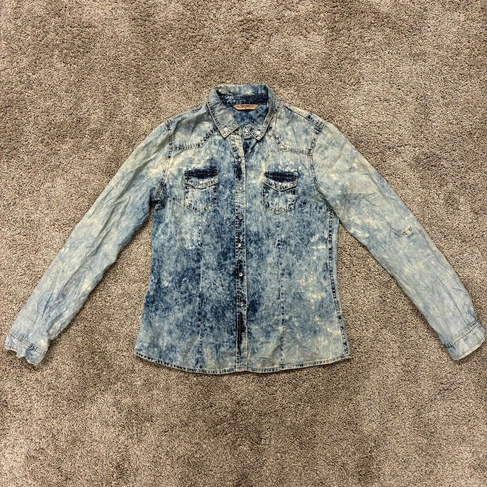 Highway Jeans Womens M Acid Wash Denim Shirt Cotton Long Sleeve Y2K Pearl Snap